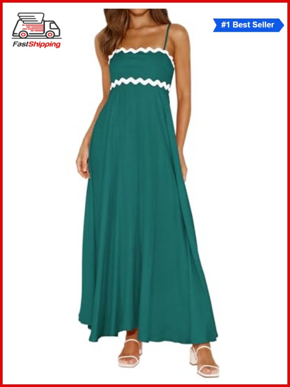 ✨ Spaghetti Strap Boho Maxi Dress Flowy Smocked Back Rickrack Trim Square Neck